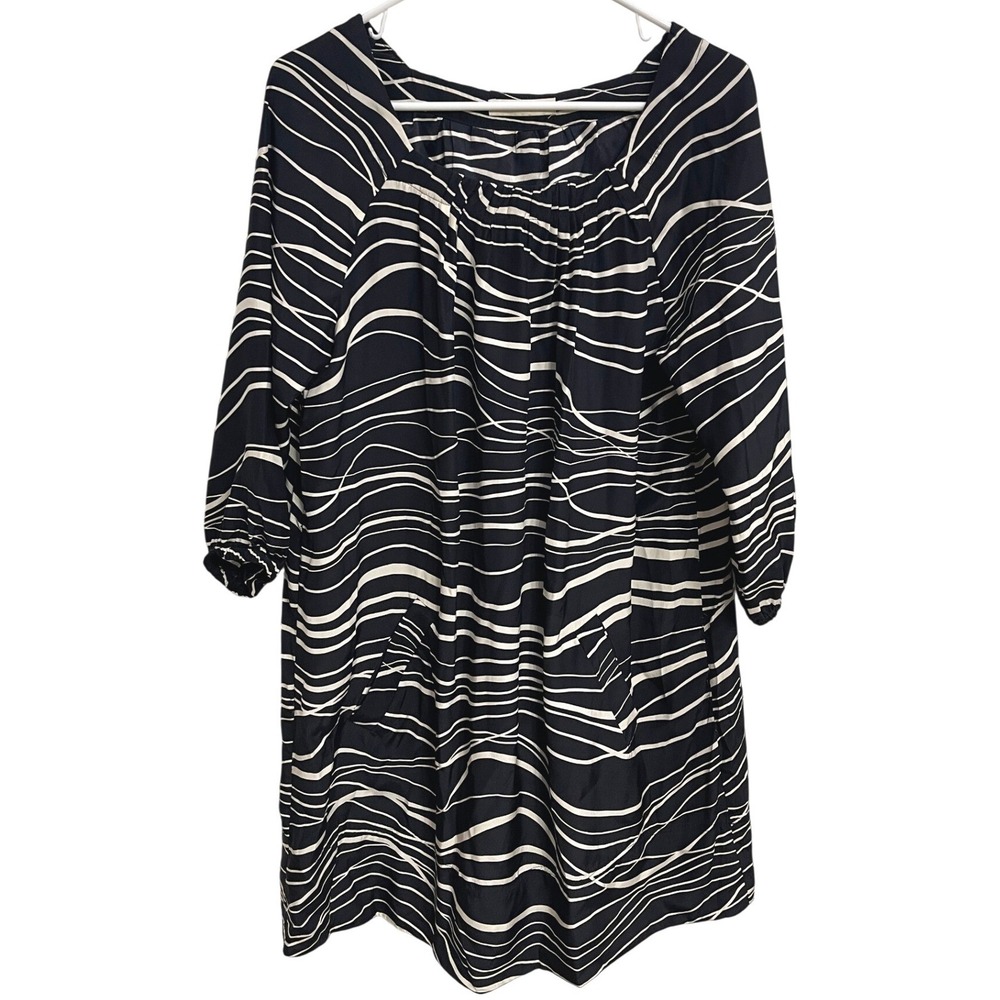 Nili Lotan Womens Black Abstract Wave 100% Silk Shift Artsy Dress Pockets L